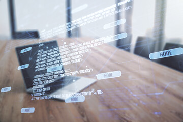 Poster - Multi exposure of abstract creative coding sketch on modern laptop background, artificial intelligence and neural networks concept