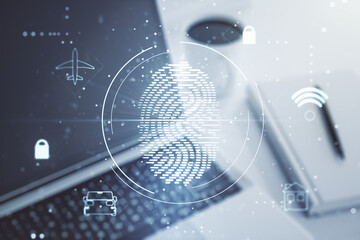 Aufkleber - Multi exposure of creative fingerprint hologram on laptop background, personal biometric data concept