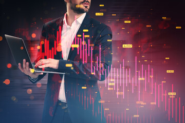 Poster - Headless young businessman with laptop and downward red forex chart with map, grid and index on blurry office interior background. Financial crisis and recession concept. Double exposure.