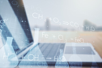 Poster - Creative chemistry concept on modern laptop background. Multiexposure