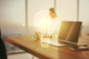 Poster - Double exposure of creative light bulb hologram on laptop background, research and development concept
