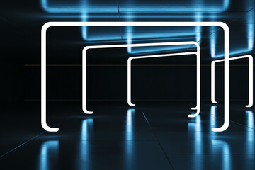 Aufkleber - Abstract dark blue neon frame corridor interior. 3D Rendering.