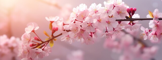 Beautiful cherry tree with pink flowers in the sky.