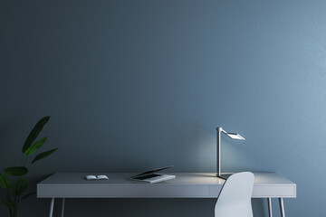 Wall Mural - Simple blue home office interior with workplace and mock up place on wall. 3D Rendering.