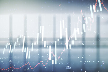 Aufkleber - Multi exposure of virtual creative financial chart hologram on empty modern office background, research and analytics concept