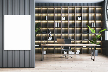 Aufkleber - Modern office with shelves or library interior with wooden flooring, workplace and mock up banner on wall. 3D Rendering.
