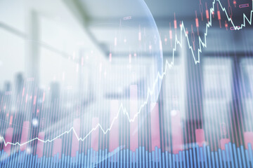 Aufkleber - Abstract creative financial graph interface and world map on empty corporate office background, forex and investment concept. Multiexposure