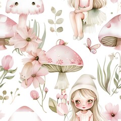 Cute little fairies and mushrooms seamless pattern