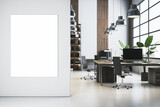 Fototapeta Kosmos - Modern light office with blank mock up banner on wall, shelves or library interior with workplace, window and city view. 3D Rendering.