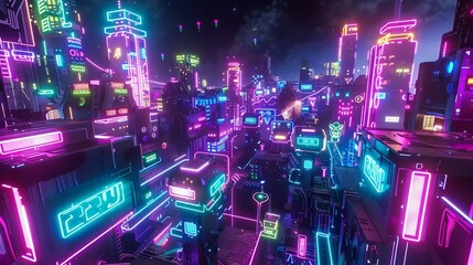 Poster - a retro-inspired d arcade game level filled with neon lights and pixelated characters ai generated i