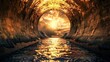Light at the end of the tunnel: A serene landscape featuring a glowing sunset over a calm sea, with vibrant orange and red hues reflecting off the water, framed by rocky mountains and a dark cave entr