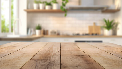 empty beautiful wood table top counter and blur bokeh modern kitchen interior background in clean and bright.