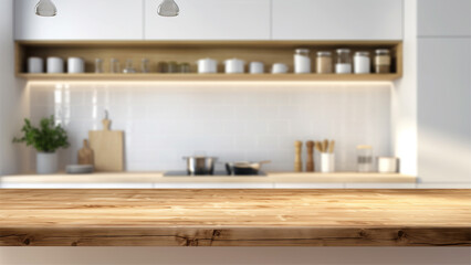 empty beautiful wood table top counter and blur bokeh modern kitchen interior background in clean and bright.