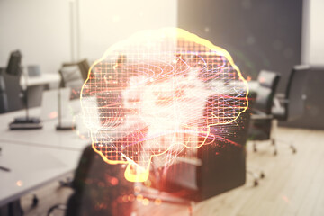 Aufkleber - Virtual creative artificial Intelligence hologram with human brain sketch on a modern furnished office background. Multiexposure