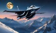 wallpaper, a fighter flying at high speed above the snowy Alps, lit by a full moon