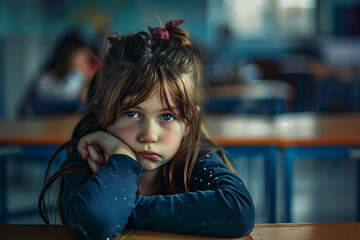 Wall Mural - Bored little girl in school sitting at the table