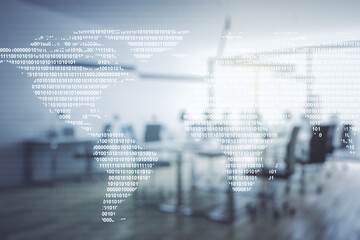 Poster - Multi exposure of abstract creative digital world map hologram on modern corporate office background, research and analytics concept
