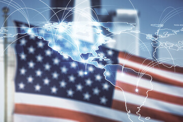 Poster - Abstract graphic digital world map hologram with connections on USA flag and blurry skyscrapers background, globalization concept. Multiexposure