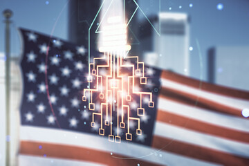 Poster - Virtual creative light bulb with chip hologram on US flag and city background, artificial Intelligence and neural networks concept. Multiexposure