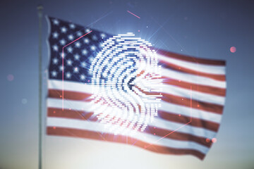 Aufkleber - Abstract virtual fingerprint hologram on USA flag and sunset sky background. Multiexposure