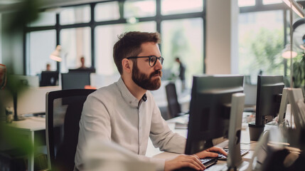 Poster - employee working in modern office, person working on laptop