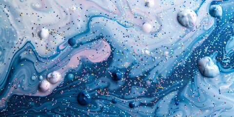 Canvas Print - Soft blue marble mural, delicately adorned with tiny colorful glitter on a white background.