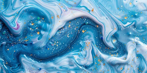 Canvas Print - Soft blue marble mural, delicately adorned with tiny colorful glitter on a white background.