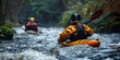 A man in a yellow jacket is riding a raft in a river