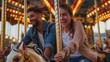 © Daria Lukoiko - happy adults experience unforgettable emotions of admiration and laugh while riding on the Carousel in the amusement park