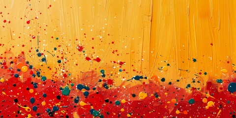 Wall Mural - A beautiful red-colored paint mural with little colorful confetti scattered on a yellow background.