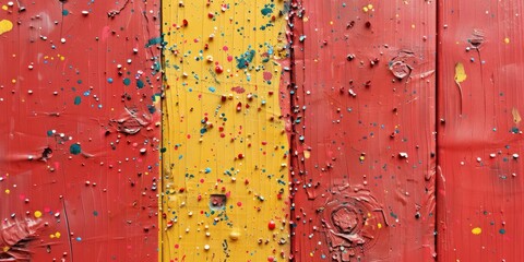 Sticker - A beautiful red-colored paint mural with little colorful confetti scattered on a yellow background.