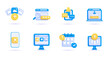 3d business icon set. Trendy illustrations of Digital Business, App development, Marketing, Data Analysis, Startup, Education, Online Shopping, Faq, Stock Market, Finance. Render 3d vector objects