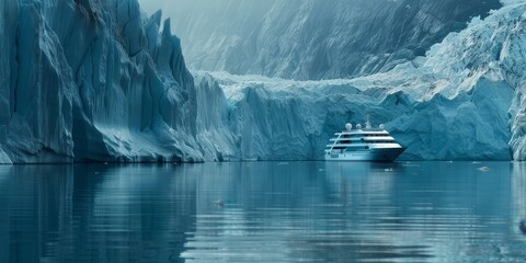 Wall Mural - A large red cruise ship is sailing through icy waters