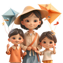 Wall Mural - A 3D animated cartoon render of playful kids and their mom flying colorful kites.