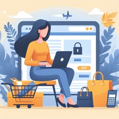 woman are shopping online with laptops, concept flat illustration.