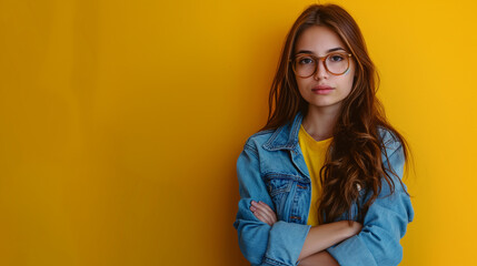 Wall Mural - Attractive girl wearing casual clothes standing isolated over yellow background, arms folded High resolution professional photography