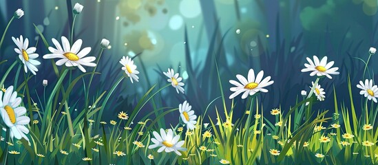 Poster - A group of daisies, a type of flowering plant in the grass family, is blooming in a meadow. The terrestrial plants add a pop of color to the natural landscape