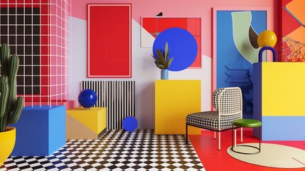 Wall Mural - Abstract shapes and graphic design elements in a pop art inspired setting  AI generated illustration
