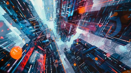 Aufkleber - Abstract shapes and patterns in a futuristic cityscape  AI generated illustration