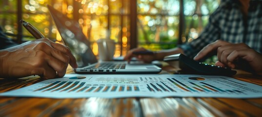 Wall Mural - Two individuals are seated at a table with a laptop and calculator, perhaps discussing music, engineering, or recreational activities involving musical instruments and accessories