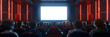 Movie theater blank screen mock up modern cinema with people on red seats template, Modern Cinema Mockup: Blank Screen with Audience on Red Seats