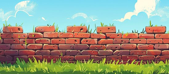 Wall Mural - A cartoon illustration of a brick wall surrounded by green grass under a blue sky with fluffy clouds, creating a natural landscape with a mix of plant life and building materials