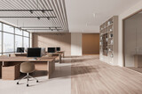 Fototapeta  - Beige open space office interior with bookcase