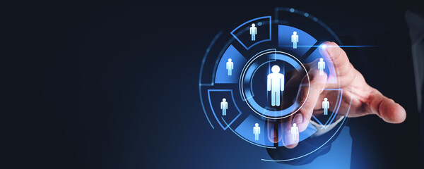 Poster - Man finger touch human icon in circle, headhunting and recruitment
