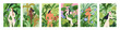 Characters in nature, posters set. People enjoying forest and jungle. Female and male nude bodies, human walking among leaf plants, flowers. Harmony, unity with environment. Flat vector illustration