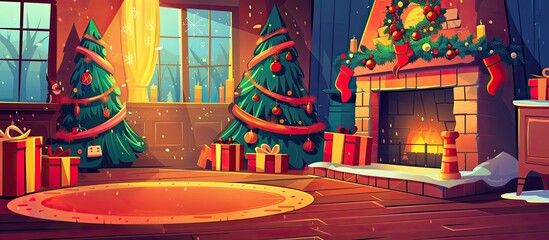 Wall Mural - A festive living room with two Christmas trees, a fireplace, and cozy wood accents. The Christmas decorations and warm lighting create a magical holiday atmosphere