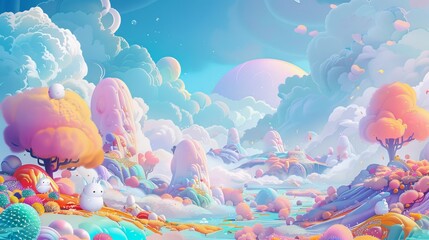 Poster - Cartoon-style characters and pop art inspired elements in a dreamy landscape  AI generated illustration