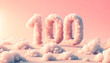 A whimsical depiction of the number 100 formed from fluffy pink clouds against a soft pastel sky, evoking a dreamy and celebratory mood.
