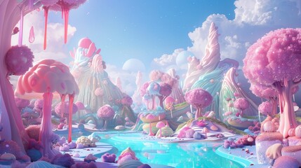 Aufkleber - Cartoon-style characters and surreal landscapes in a dreamy setting  AI generated illustration