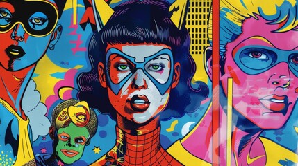 Aufkleber - Cartoon-style characters in a pop art inspired setting  AI generated illustration